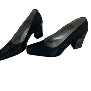 Black Vintage Italian Leather Shoes Heels Pumps Size 36/5.5 Square Toe Vintage